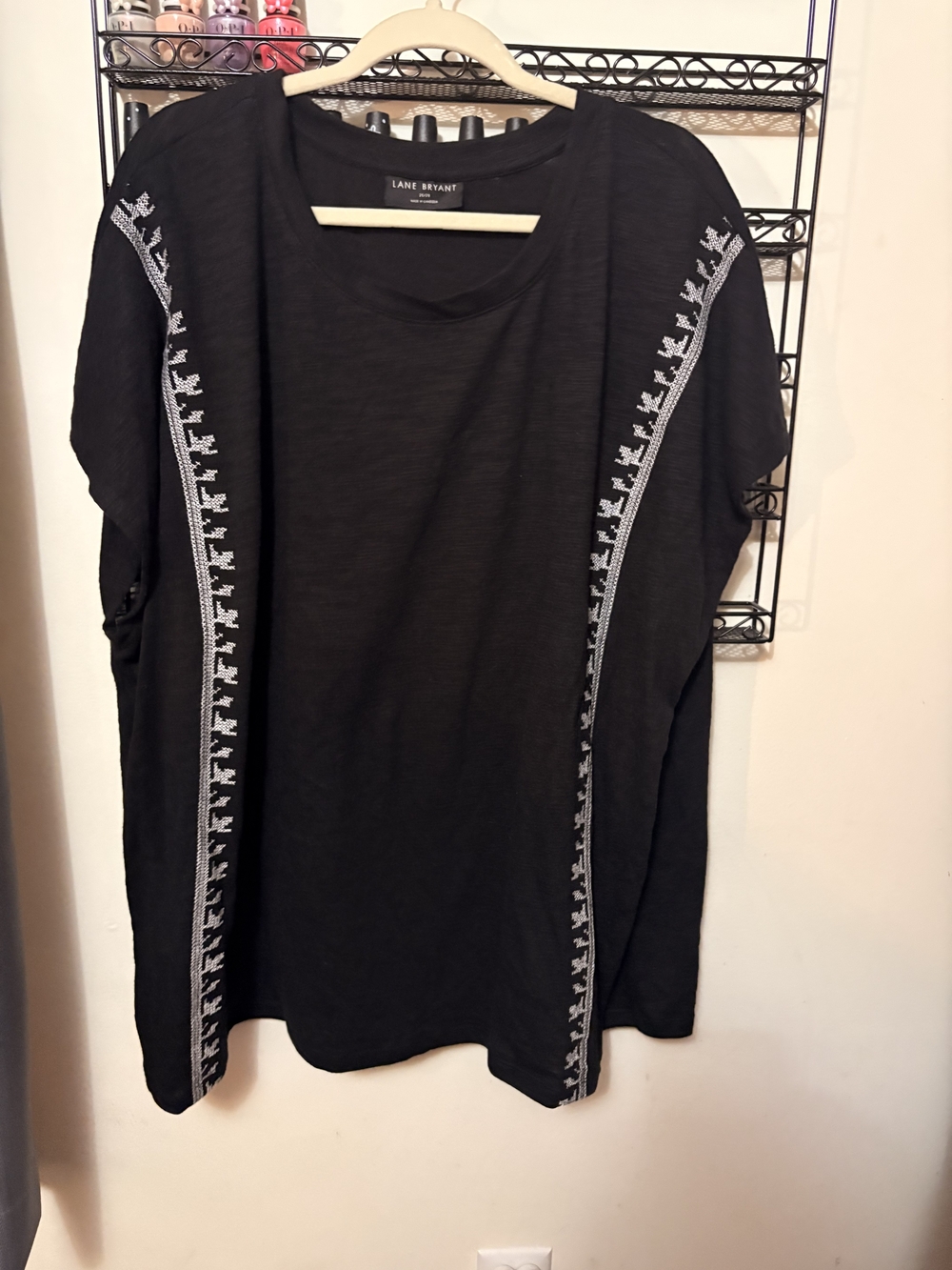 Lane Bryant Black Tee with White Embroidered Side Panels